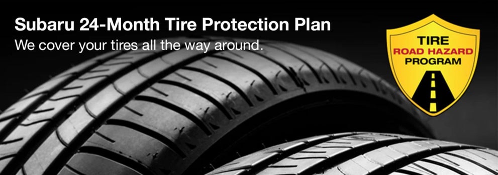 Subaru tire with 24-Month Tire Protection and road hazard program logo. | Subaru of Naples in Naples FL