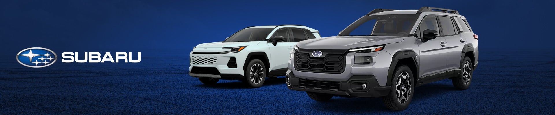 A white Toyota RAV4 and a gray Subaru Outback pared in front of a blue background with the Subaru logo shown.