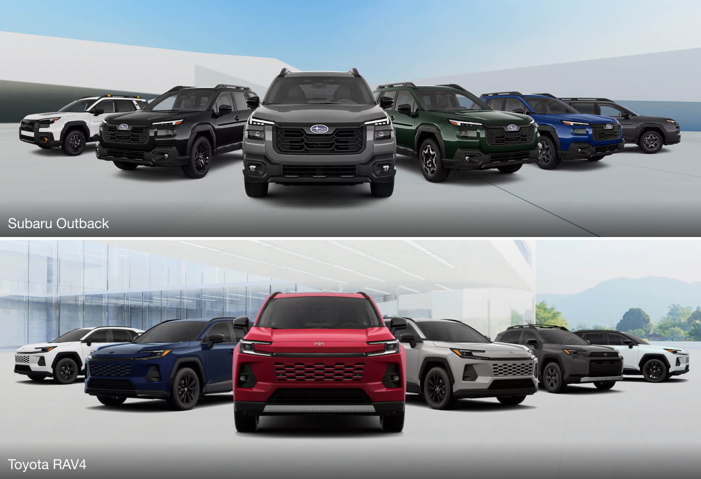 Comparison image of Subaru Outback and Toyota RAV4 complete trim options lined up side by side.