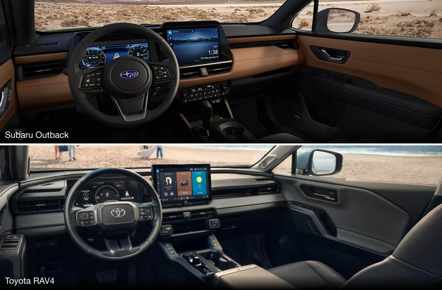 Interior views of Subaru Outback and Toyota RAV4 drivers seat perspectives.
