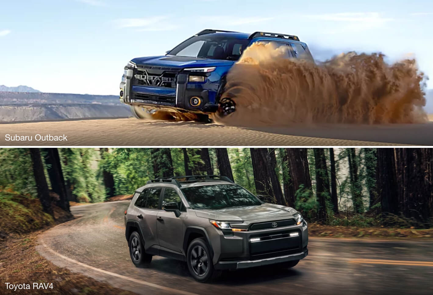 A blue Subaru Outback offroading on a sand dune. A gray Toyota RAV4 driving on a forest road.