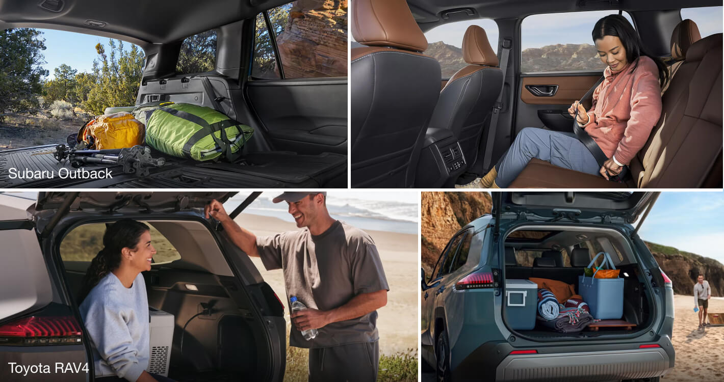 Interior views of Subaru Outback cargo and rear seating space. Exterior views of Toyota RAV4 cargo space.