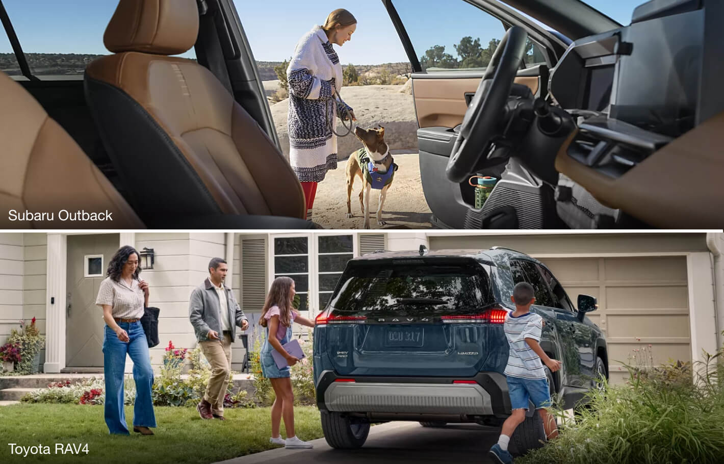 Interior view of Subaru Outback interior. A woman and her dog are seen through the open door. A family enters a Toyota RAV4.