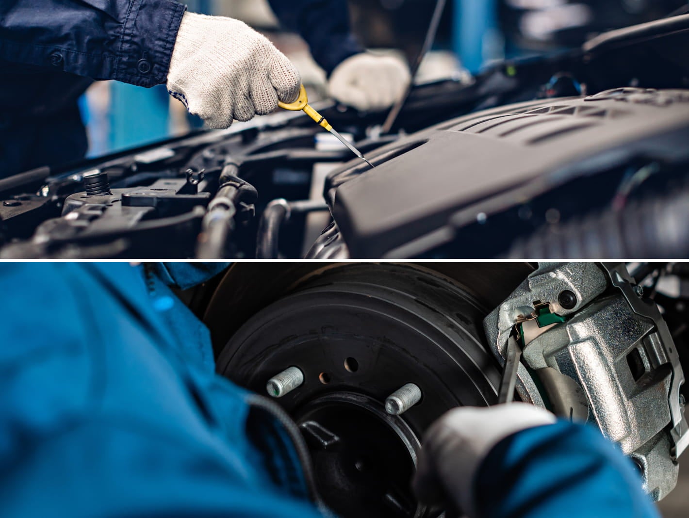 Technicians checking engine oil and servicing a vehicle’s brake system.