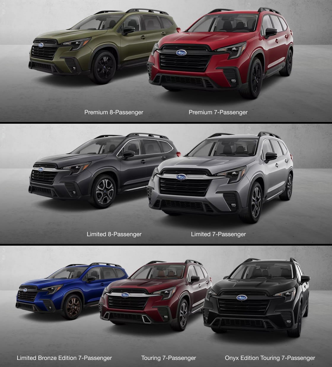 Subaru Ascent lineup showing Premium, Limited, Limited Bronze Edition, Touring, and Onyx Edition Touring trims in seven- and eight-passenger configurations.