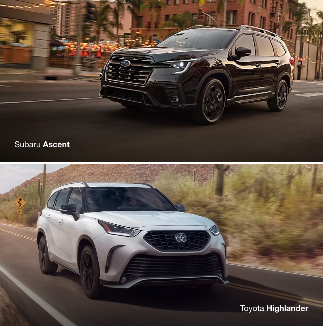 Subaru Ascent driving through a city and Toyota Highlander driving along a desert road.