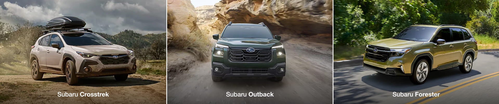 Subaru Crosstrek, Outback, and Forester shown driving in outdoor settings for a side-by-side SUV comparison.