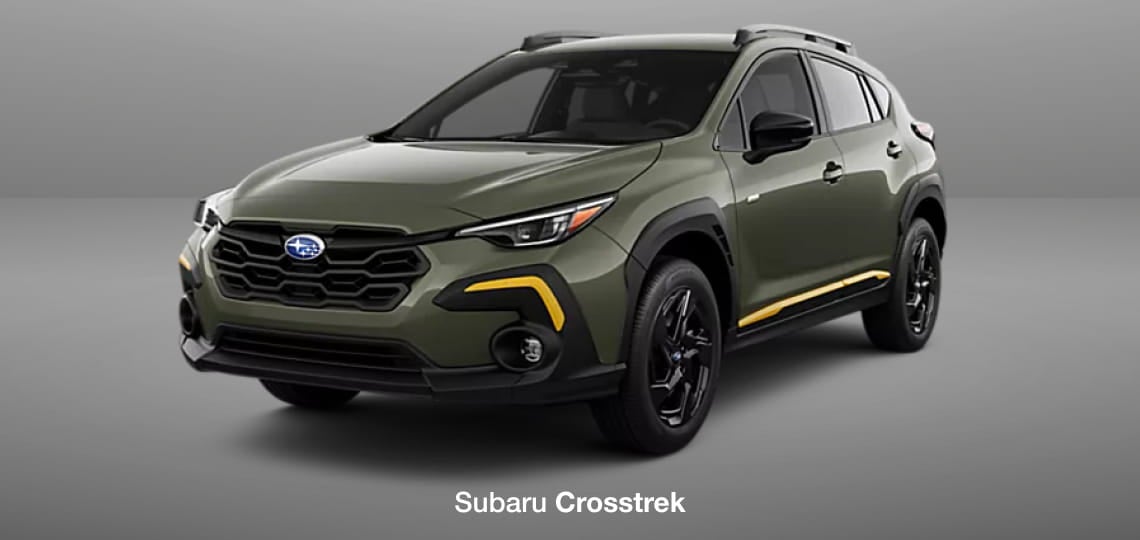 Green Subaru Crosstrek shown in a front three-quarter view.