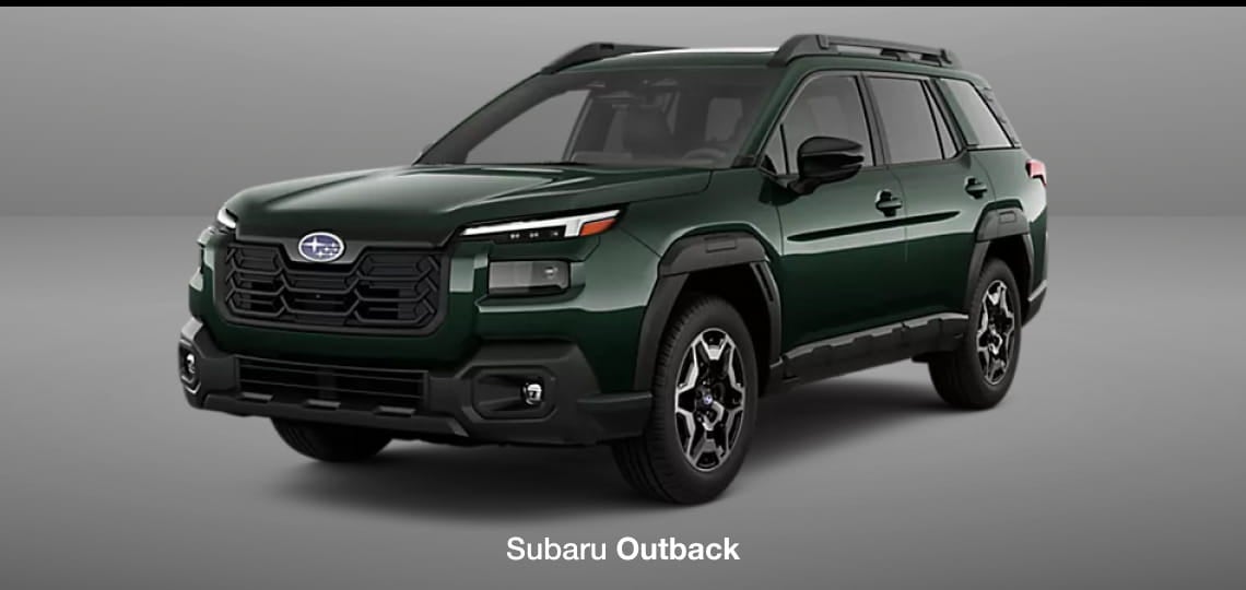 Green Subaru Outback shown in a front three-quarter view.