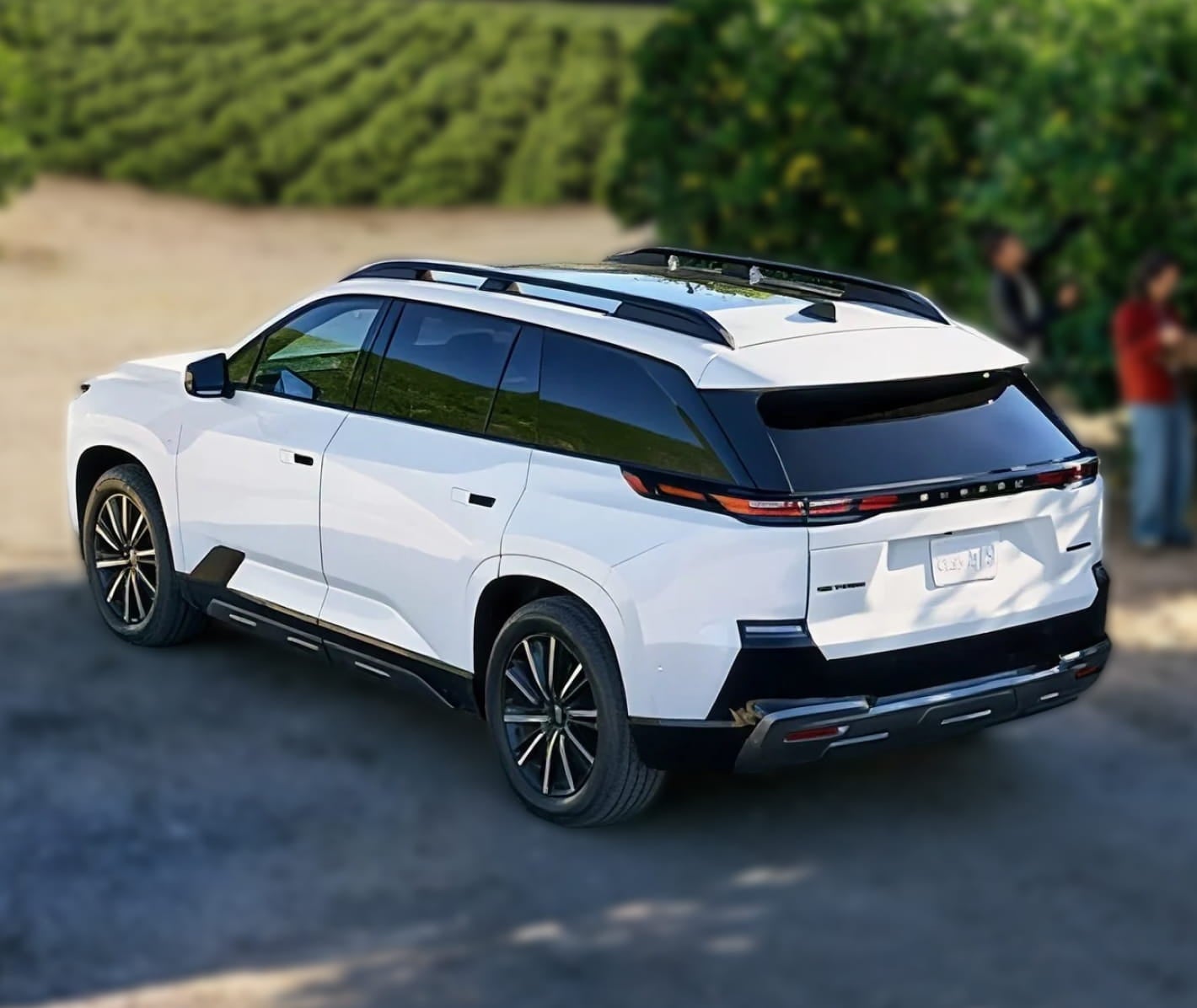 Rear three-quarter view of a white 2028 Subaru Getaway electric SUV parked near a vineyard.