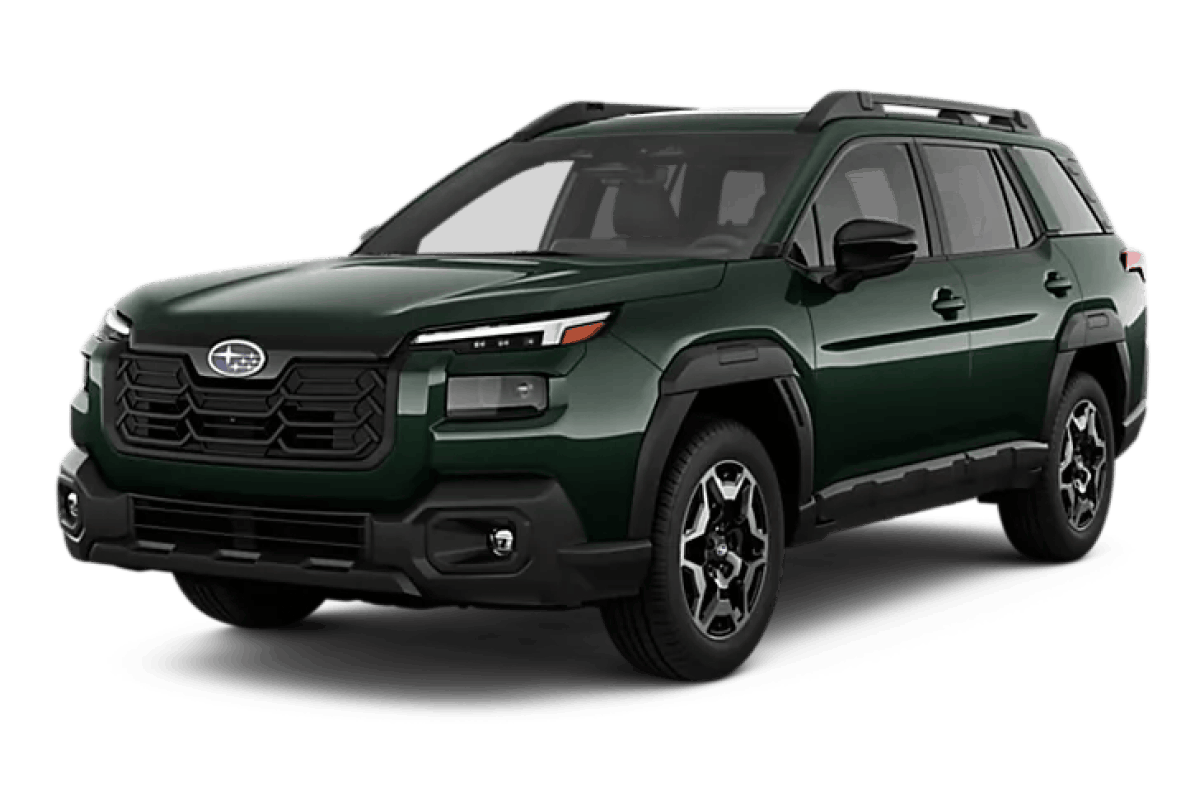 Dark green Subaru Outback SUV shown from a front three-quarter angle, featuring a black grille, rugged body cladding, roof rails, and alloy wheels.