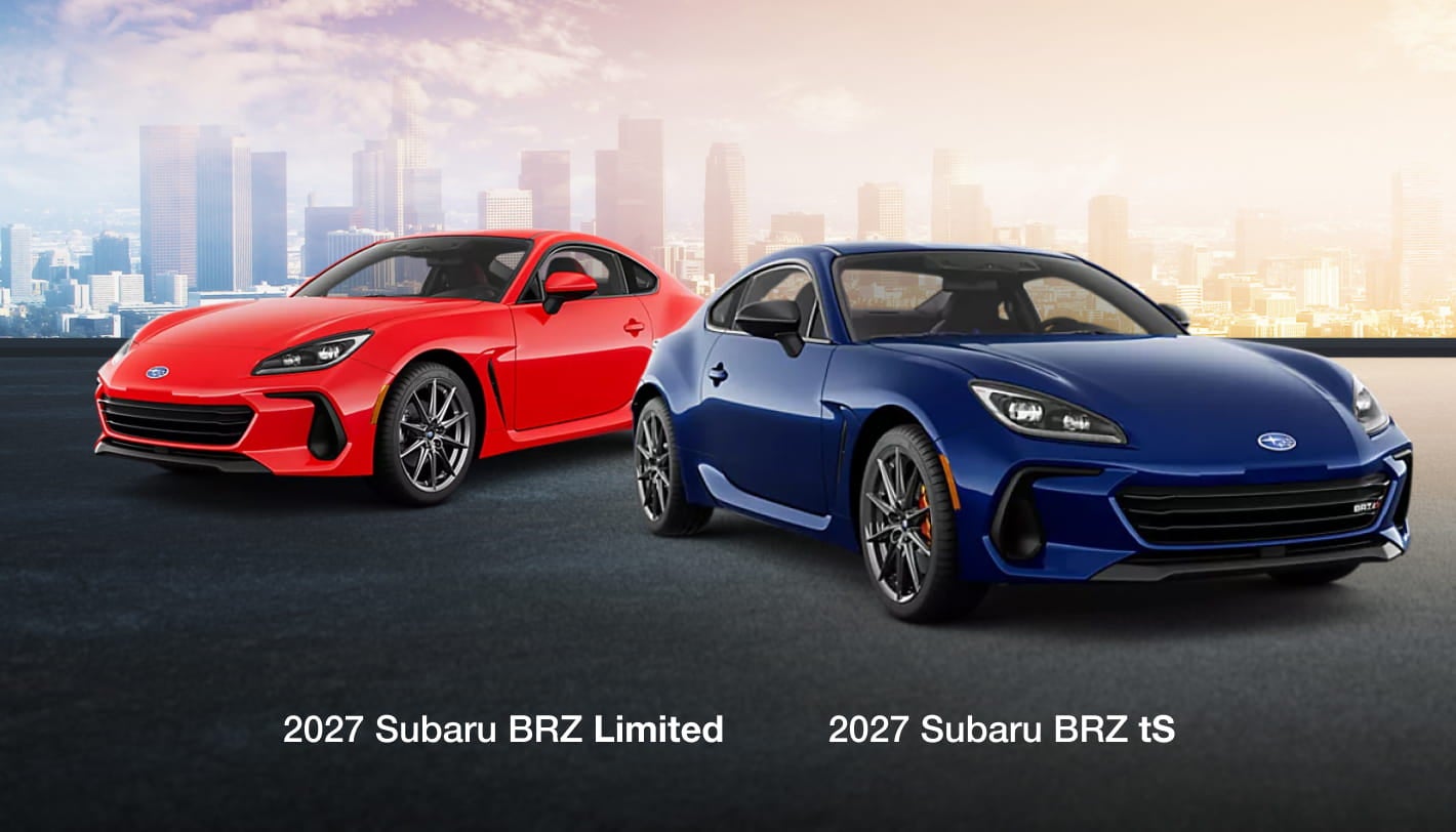 Red 2027 Subaru BRZ Limited and blue 2027 Subaru BRZ tS displayed side by side against a city skyline.